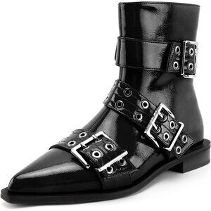 🆕Women Black Ankle Wide Buckle Boots Pointed Low Heel Boot Pull Fashion Boots